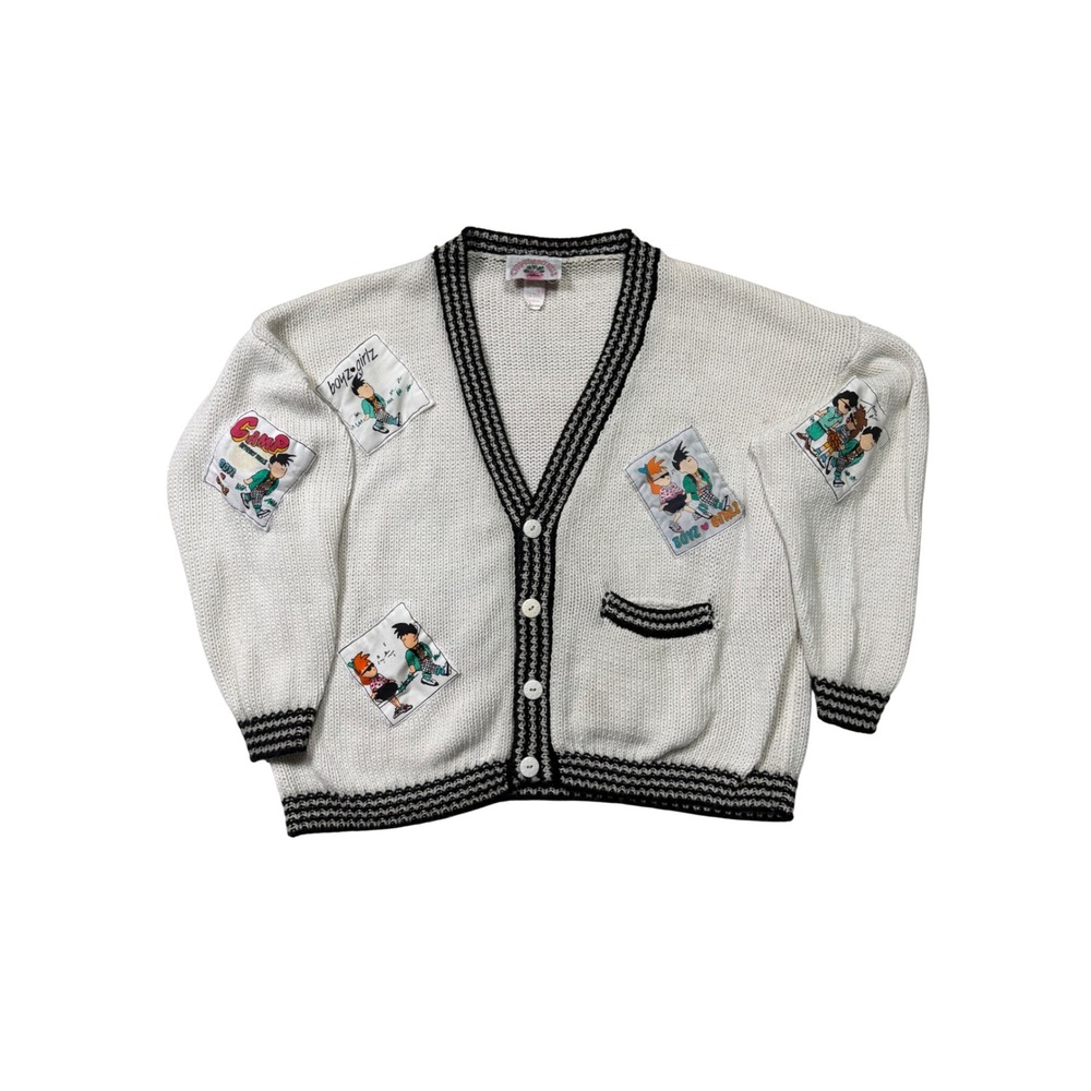 Vintage Camp Beverly Hills Cartoon Patch Cardigan Cream Black Sweater Medium